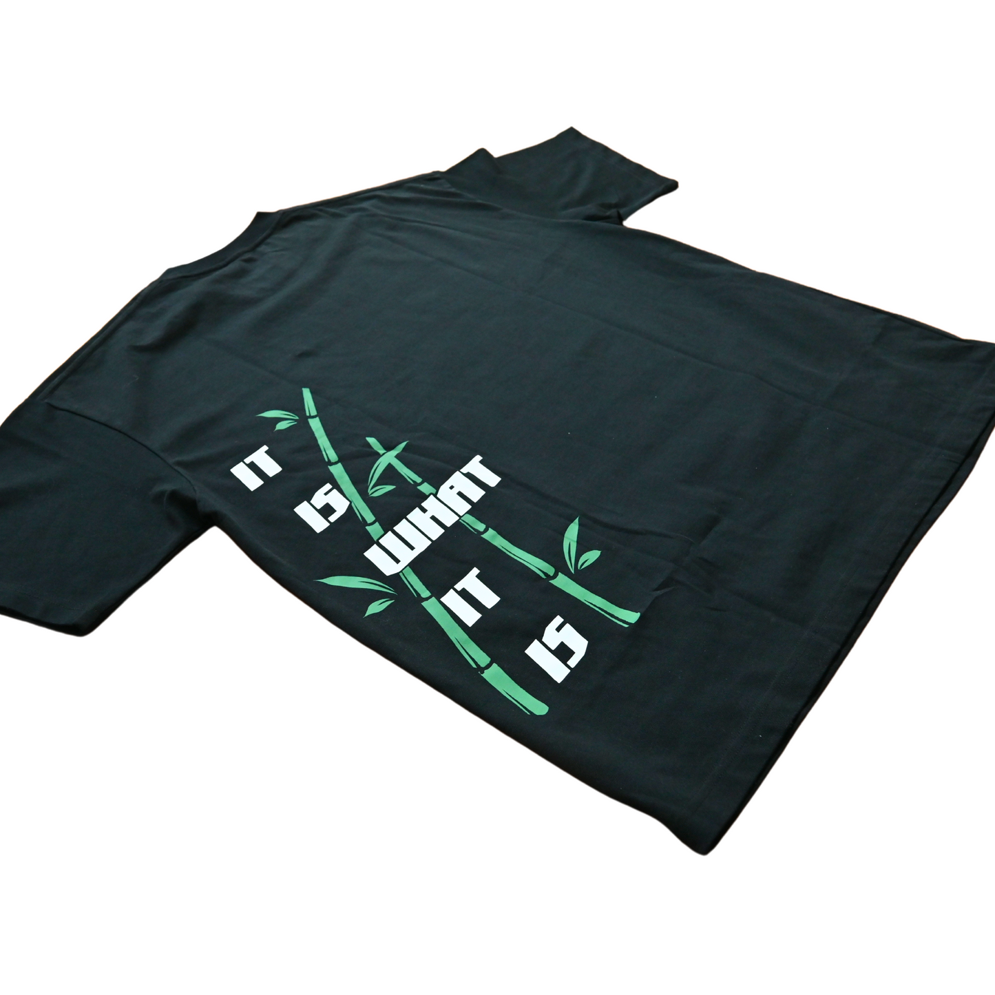 Back of black oversized t-shirt with bamboo iiwii.