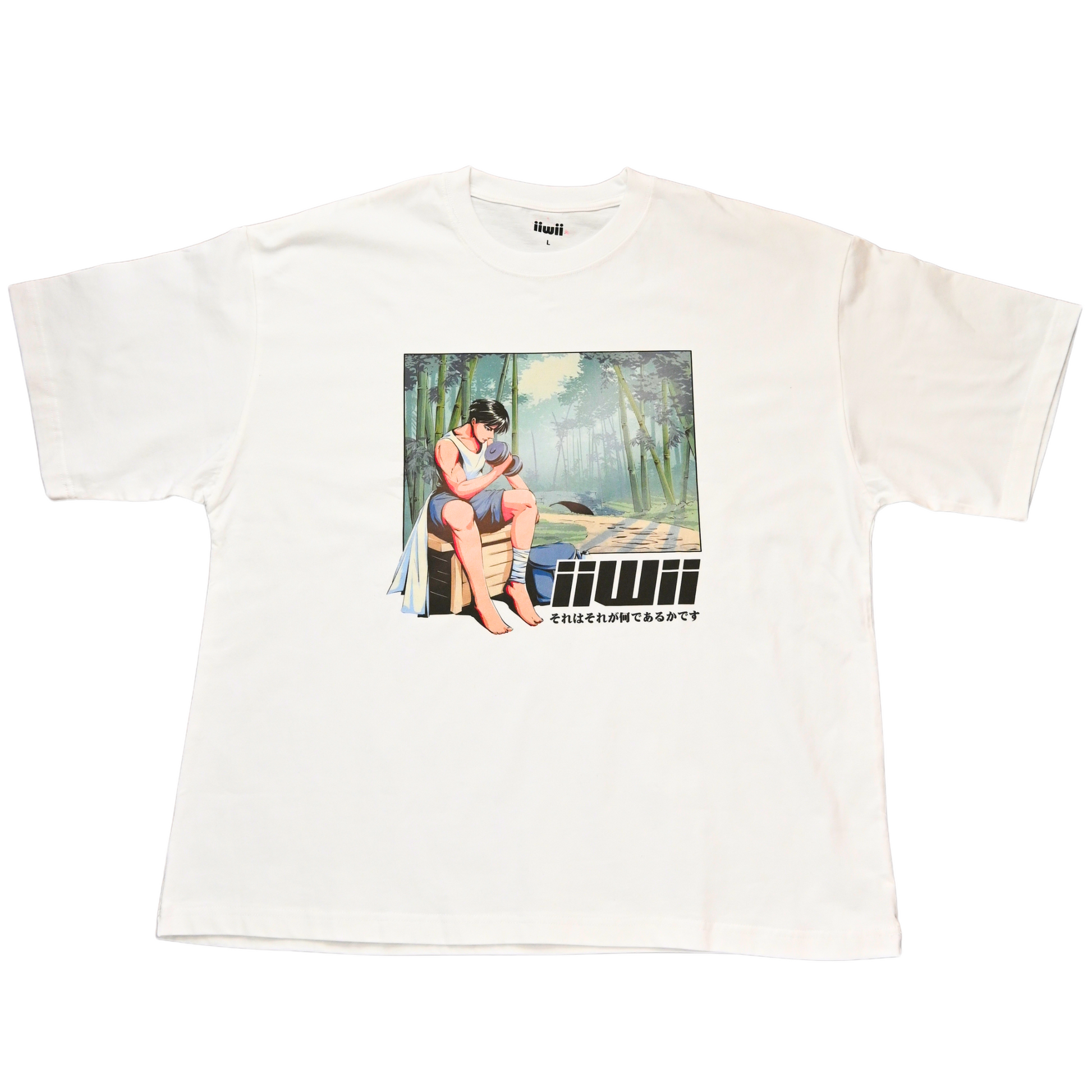White oversized t-shirt with a graphic print bamboo forest