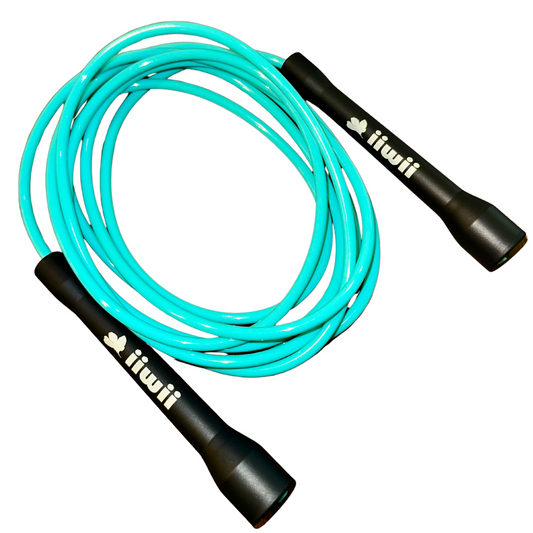 Mint jump rope with black handles on a white background